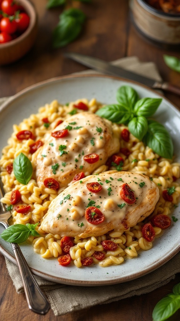 Crock Pot Marry Me Chicken with creamy sauce and sun-dried tomatoes, garnished with basil on a rustic table.